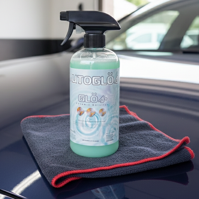 Car cleaning spray bottle and microfiber cloth on a car hood with a garage background